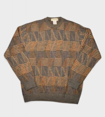 Pronto Uomo Sweater Mens XL Merino Wool Plaid Geometric Orange Crewneck Pullover - Image 1 of 4