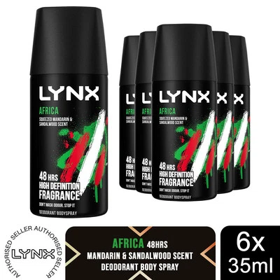 Lynx Body Spray Africa 48H High Definition Fragrance Deodorant for Men 35ml, 6pk