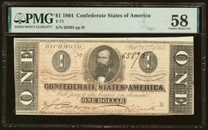 T-71 $1 1864 Confederate States Civil War Obsolete Banknote Currency, PMG ChAU58 - Picture 1 of 4