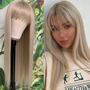 Ash Blonde Synthetic Wigs with Bangs Long Straight Hair Wigs Glueless Synthet... - Picture 1 of 6