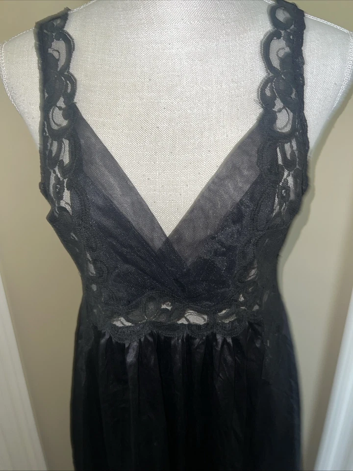 "Vestido sin Mangas Vintage Interior Most Negro Encaje Bordado 38"" Largo Talla Pequeña" Foto 1 de 4