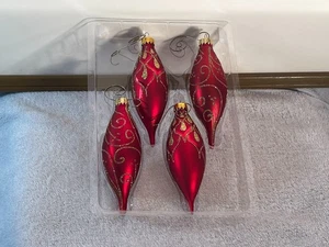 Christmas ornaments set of 4 glass red icicles gold glitter OH9916 - Picture 1 of 3