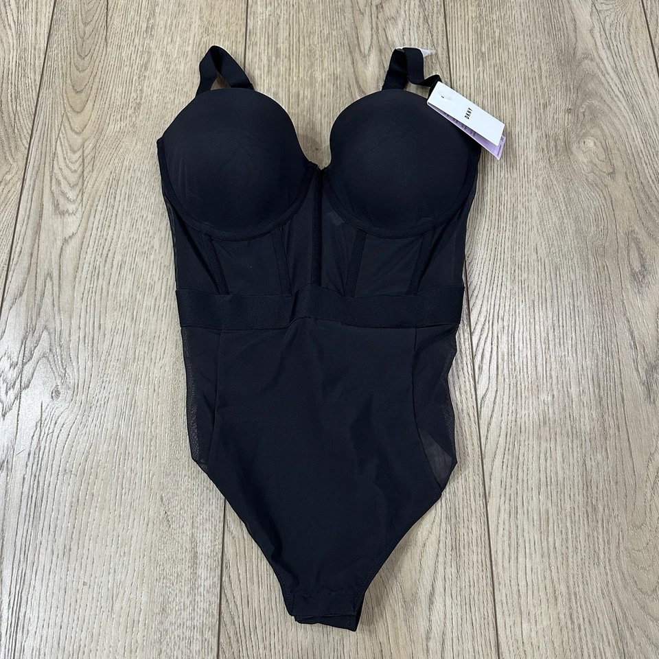 NEW DKNY Women's Size 34D Sheers Strapless Mesh-Panel Thong Bodysuit Black - Image 1 of 4