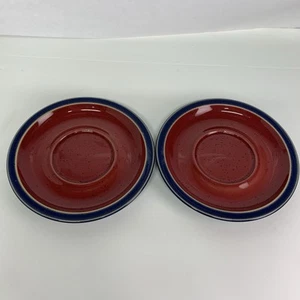 Denby England Harlequin Large Soup Mug Saucers 6.5” Set Of 2 Red Blue - Picture 1 of 6