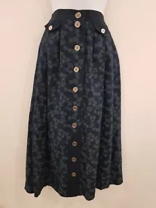 Vintage Skirt Size 12 Navy Blue Green Floral Button Front Mid Long Pockets Retro - Picture 1 of 11