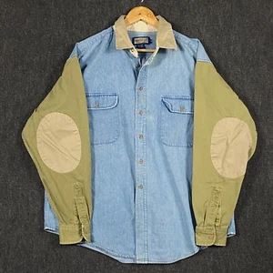 Ruff Hewn Mens XL Long Sleeve Colour Block Shacket Shirt Blue Denim Elbow Patch - Picture 1 of 20
