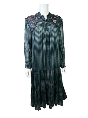 Johnny Was Jade Lana Tiered Midi Dress Slip Green Black Check Rayon Oversized M - Image 1 of 4