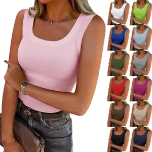 Ladies U Neck Ribbed Slim Fit Vest Tee Top Summer Stretch Sleeveless Shirts Cami - Picture 1 of 23