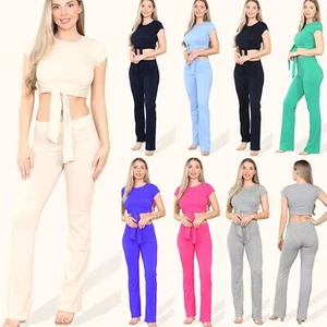 Women Ladies Tie Belt Crop Top Trouser Set Tracksuit Loungewear Jogsuit 2 Piece - Picture 1 of 22
