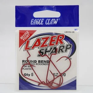 Eagle Claw L091RG Round Bend Red Lazer Sharp Fishing Hooks 2/0 5 Pack - Picture 1 of 2