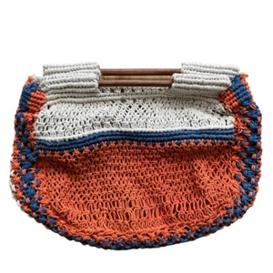 ZARA Bucket Bag MACRAME Cotton CROCHET NET Tote WOOD HANDLE HandBag excellent - Picture 1 of 4