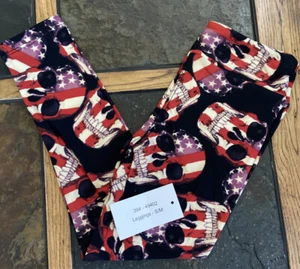 NWT LulaRoe United & Strong USA Patriotic Skulls Leggings Kids Small/Medium S/M - Picture 1 of 4