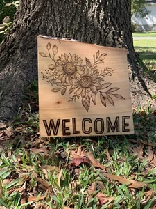 WELCOME SIGN . Sunflower handcrafted woodburned welcome Sign - Picture 1 of 9
