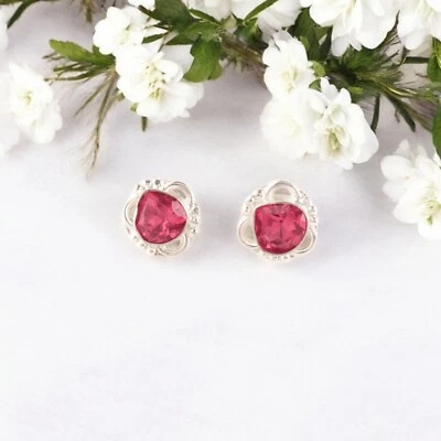 Piedras preciosas de turmalina rosa 925 joyas de plata fina hechas a mano tachuelas de moda 1,7" Foto 1 de 4