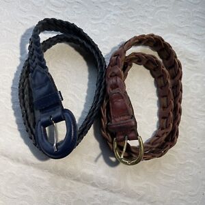Vtg Pair Braided Woven Leather Adjustable Belts 1 Capezio Navy, 1 Unbrand Brown