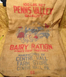 old 100lb. size PENNS VALLEY Centre Hall, Pa Feed Store Dairy Ration burlap bag - Picture 1 of 6
