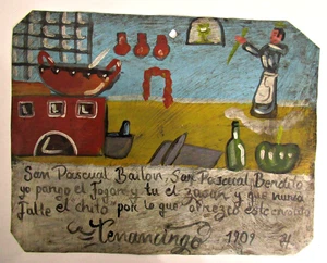 VTG LARGE HP MEXICAN TIN RETABLO: SAN PASCUAL BAILON KITCHEN SAINT; dated 1909 - Picture 1 of 13