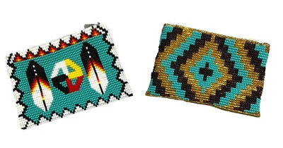 Native American Beaded Coin Purse Feather & Geometric Handmade Zipper Pouch - Image 1 of 4