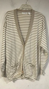 Le Moda Sweater Womens XL Tan Striped Knit Cardigan Pockets 90s - Picture 1 of 4