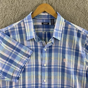 Izod Linen Blend Madras Button Up Shirt Mens XL Blue Plaid Short Sleeve NWT - Picture 1 of 10