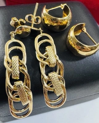 Genuine 18K 750 Fine Pure Real Gold (2) Set Dangle & Curb Earrings 3.74g Rare!! - Image 1 of 4