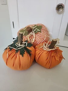 Set 3 Handmade Fabric Pumpkins Farmhouse Cottage Made By Seller - Picture 1 of 7