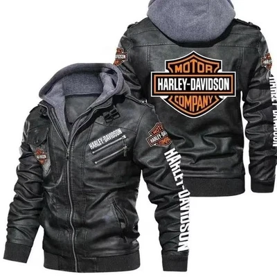 Harley-Davidson 男式摩托车夹克黑色皮革连帽骑行外套正品 — 第 1/4 张图片