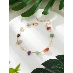 Natural Multi Gemstone Beaded Bracelet Gold Adjustable Chain Raw Crytal Colorful - Picture 1 of 5