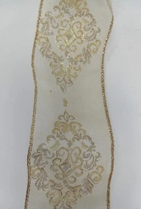 Vintage Gold Tone Christmas Ribbon Wired Decorative Glitter 2.25" Wide - Picture 1 of 6