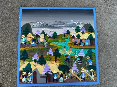 Salomon Ramírez Miranda Arte Popular Mexicano Pintura Pueblo Escena Pesca 12”x12” Foto 1 de 4