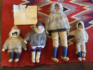Old 1949 Labrador Inuit Eskimo Dolls Carved Painted Faces Seal Fur Coat Fabric - Picture 1 of 12