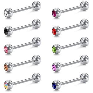 2X 14g Crystal 16mm Tongue Bar Surgical Steel Barbell Nipple Ring Body Piercing - Picture 1 of 19