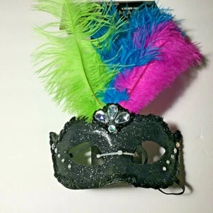 Light Up Feather Masquerade Mask Blue/Green/Pink/Black - Picture 1 of 4