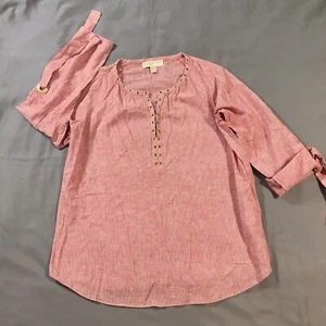 Michael Kors Blouse Womens Medium Red White Striped Linen Blend - Picture 1 of 9