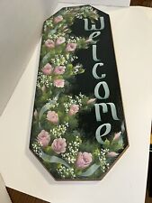 Vtg Hand painted Green Wooden Floral Welcome sign