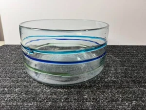 Art Glass Bowl Hand Blown Blue Green Applied Swirl - Picture 1 of 6