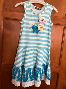 JELLY THE PUG GIRLS Sz 7 BUTTERFLY Aqua Blue Stripe Tank-Style Dress NWT - Picture 1 of 7