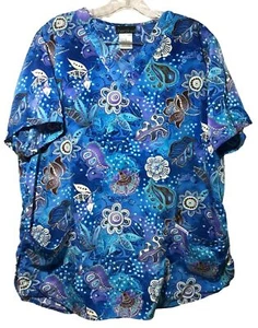Cherokee Scrub Top Womens Blue Jungle Floral Print Nursing Work Top L Polyester - Picture 1 of 3