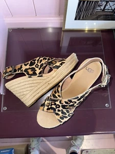 UGG Wedge Sandals Platform Leopard Animal Print Ankle Strap Straw Wedge UK7 New - Picture 1 of 9
