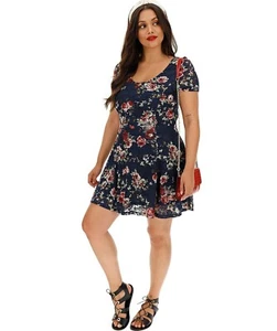 New Look Apricot Navy Rose Floral Print Mesh Embroidery Swing Dress Size M 12 - Picture 1 of 6