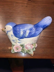 Blue Bird Wall Figure Open Pocket Slot For Florals Pink Flowers Porcelain Hang - Picture 1 of 4