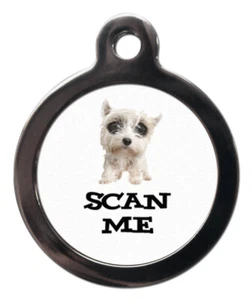 Etiqueta de identificación de mascotas SCAN ME DIBUJOS ANIMADOS WESTIE WEST HIGHLAND TERRIER Etiqueta de imagen 2 tamaños - Imagen 1 de 2