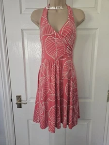 Boden Halterneck Jersey Dress Salmon Leaf Pattern Size 8 Petite Tie Neck - Picture 1 of 11