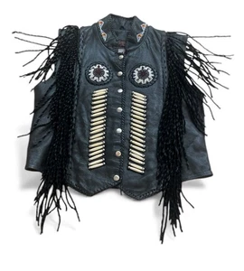 Vintage Western World Shaf Leather Vest Black Women’s Large Fringe/Beaded - Bild 1 von 7