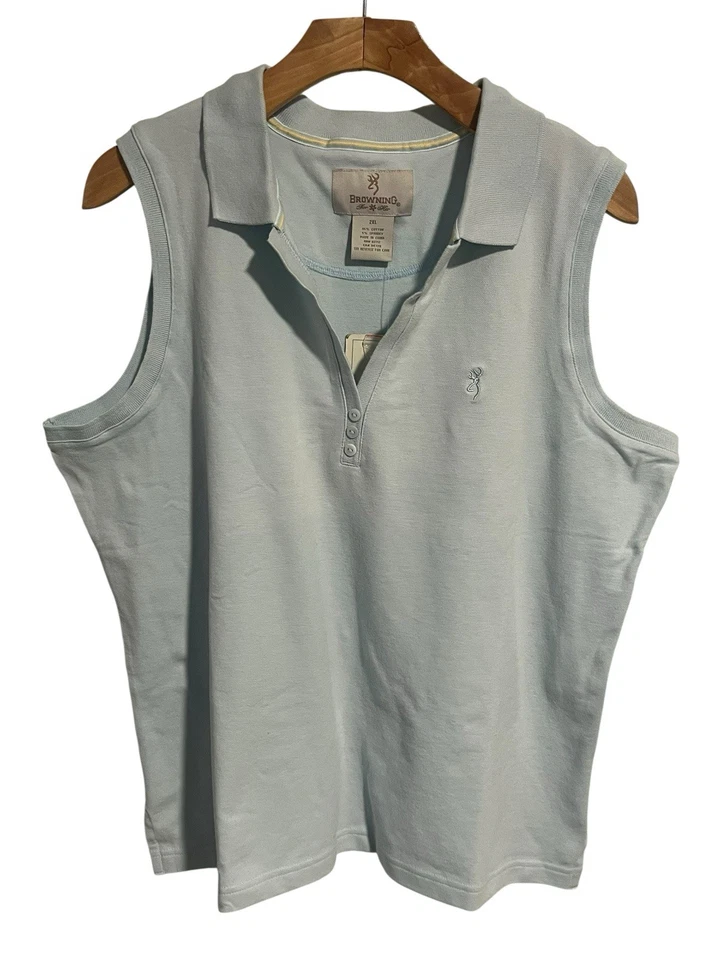Camiseta regata feminina Browning sem mangas 2XL azul gola V gola alta com botão nova com etiquetas - Imagem 1 de 4