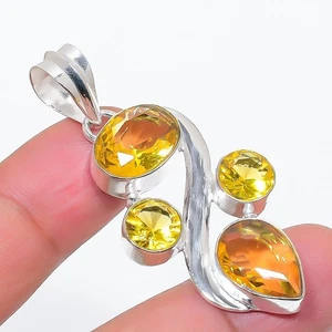 Yellow Citrine Gemstone Handmade 925 Sterling Silver Jewelry Pendant Size 2" - Picture 1 of 1