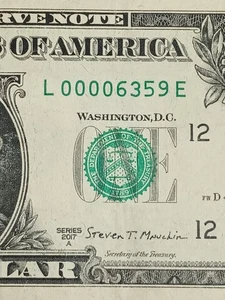 2017A $1 L SAN FRANCISCO BEP L-E BLOCK LOW SERIAL NUMBER 4 ZEROS (L00006359E) - Picture 1 of 8