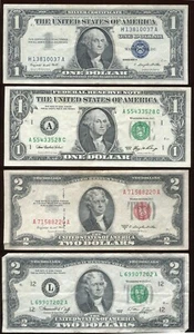 U S CURRENCY: $1 SILVER CERT, $1 NOTE, $2 1953 NOTE, & $2 1976 NOTE (W866) - Picture 1 of 4