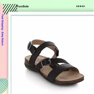 PureSole Madison Leather Buckled Flat Sandal, Black, Sz 5.5 M - Picture 1 of 1