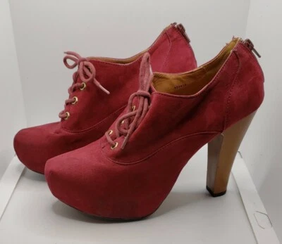 Charlotte Russe Artesanal Rojo Gamuza Con Cordones Punta Redonda Tacón Alto Botín Mujer 8 Foto 1 de 4
